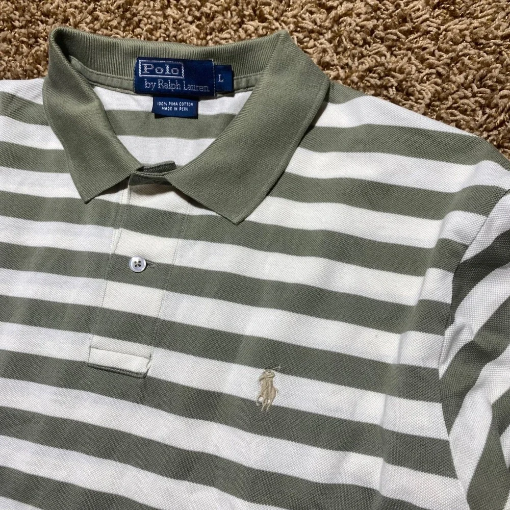 Polo Ralph Lauren Mens Large Pima Cotton Striped Polo Shirt Green White Stripe